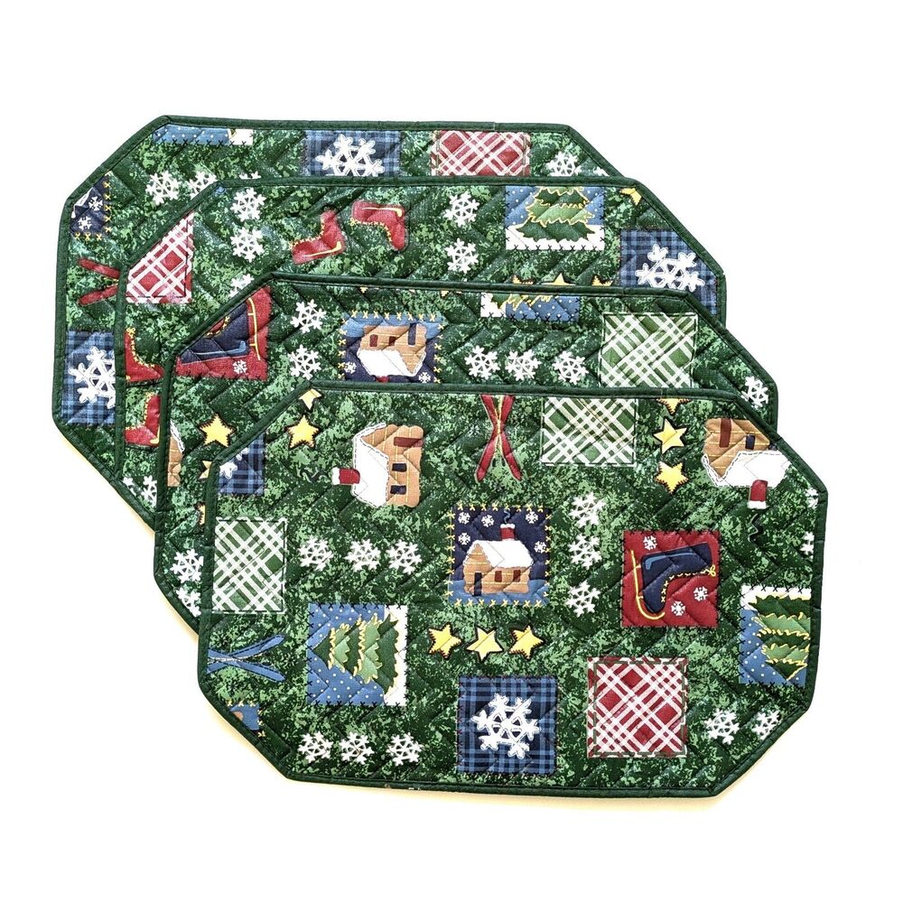 VTG Vinyl Quilted Placemats Set of 4 Patchwork Wipeable Skates Tree Snowflakes